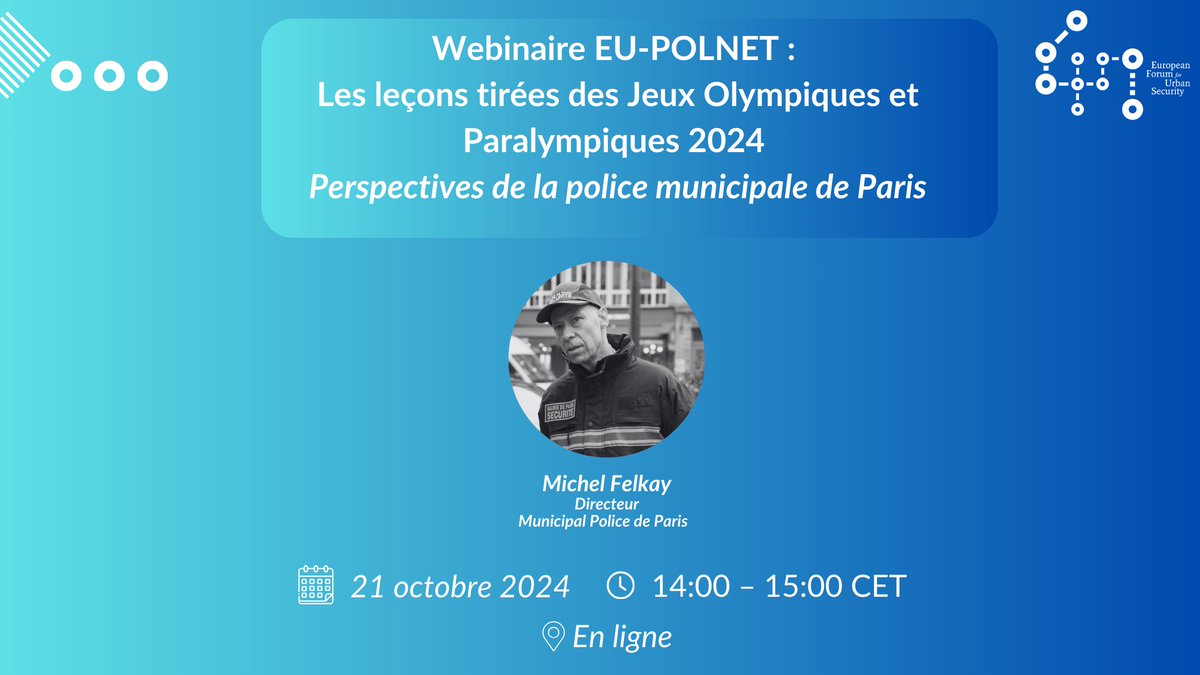 🚨 Rejoignez-nous pour le webinaire EU-POLNET sur les leçons tirées des Jeux Olympiques et Paralympiques 2024 ! 🚨

👮‍♂️Avec Michel Felkay, Directeur de la Police Municipale de Paris

👉Inscrivez-vous ici (réservé aux membres de l'Efus) : bit.ly/3BGQL3c