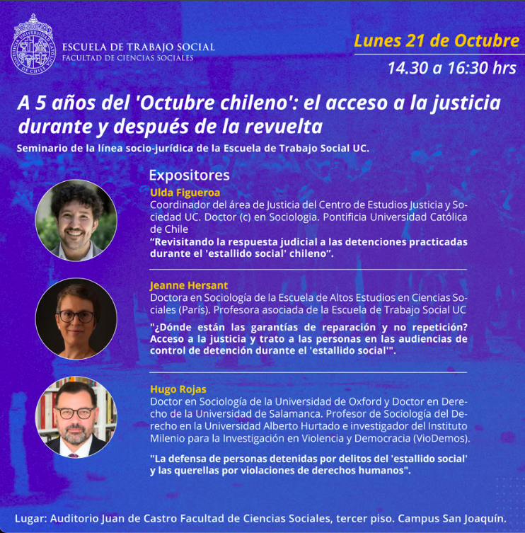 [AGENDA] Seminario "A 5 años del 'octubre chileno': el acceso a la justicia durante y después de la revuelta". Expone nuestro coordinador de Justicia, @UldaOmar y la profesora asociada <a href="/hersant_jeanne/">Jeanne Hersant</a>.
👉 ¡Inscríbete acá! docs.google.com/forms/d/e/1FAI…