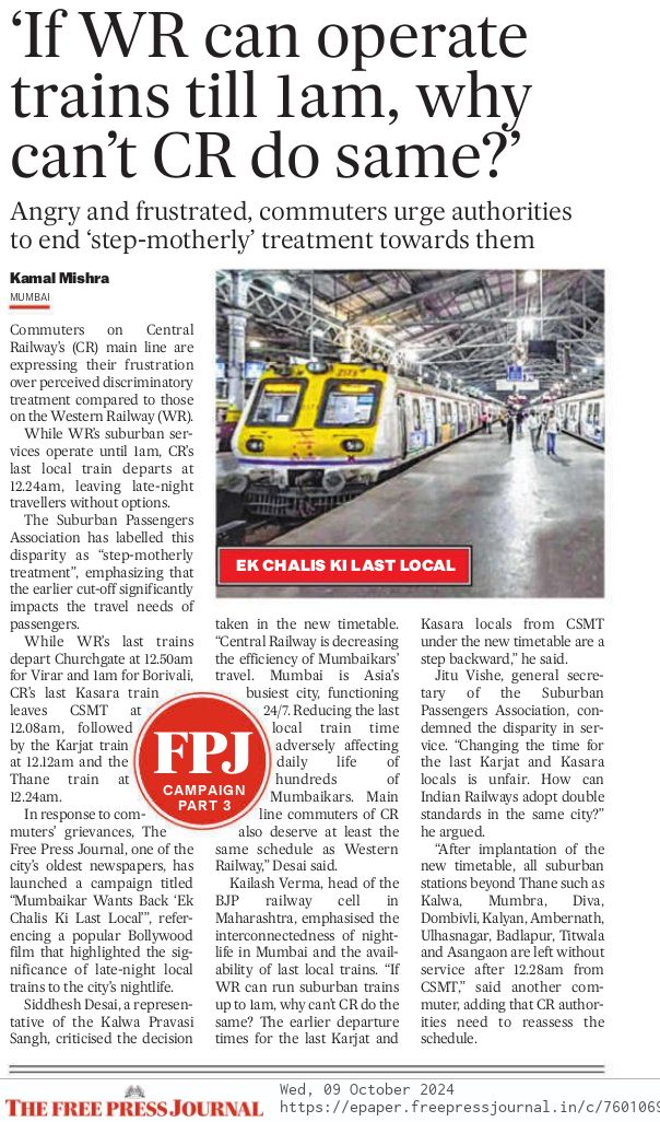 Mumbai Local Rail Passenger (@mumbai_local_) on Twitter photo Central Railway doesn't run #EkChalisKiLastLocal anymore.
If <a href="/WesternRly/">Western Railway</a> Can Run Suburban Trains Until 1 AM, Why Can’t <a href="/Central_Railway/">Central Railway</a> Do The Same? Ask Frustrated CR Passengers.
<a href="/drmmumbaicr/">DRM Mumbai CR</a> <a href="/RailMinIndia/">Ministry of Railways</a>
#TimeTable
#MumbaiLocal
<a href="/Yourskamalk/">Kamal Mishra</a>
freepressjournal.in/mumbai/mumbais… Central Railway doesn't run #EkChalisKiLastLocal anymore.
If <a href="/WesternRly/">Western Railway</a> Can Run Suburban Trains Until 1 AM, Why Can’t <a href="/Central_Railway/">Central Railway</a> Do The Same? Ask Frustrated CR Passengers.
<a href="/drmmumbaicr/">DRM Mumbai CR</a> <a href="/RailMinIndia/">Ministry of Railways</a>
#TimeTable
#MumbaiLocal
<a href="/Yourskamalk/">Kamal Mishra</a>
freepressjournal.in/mumbai/mumbais…