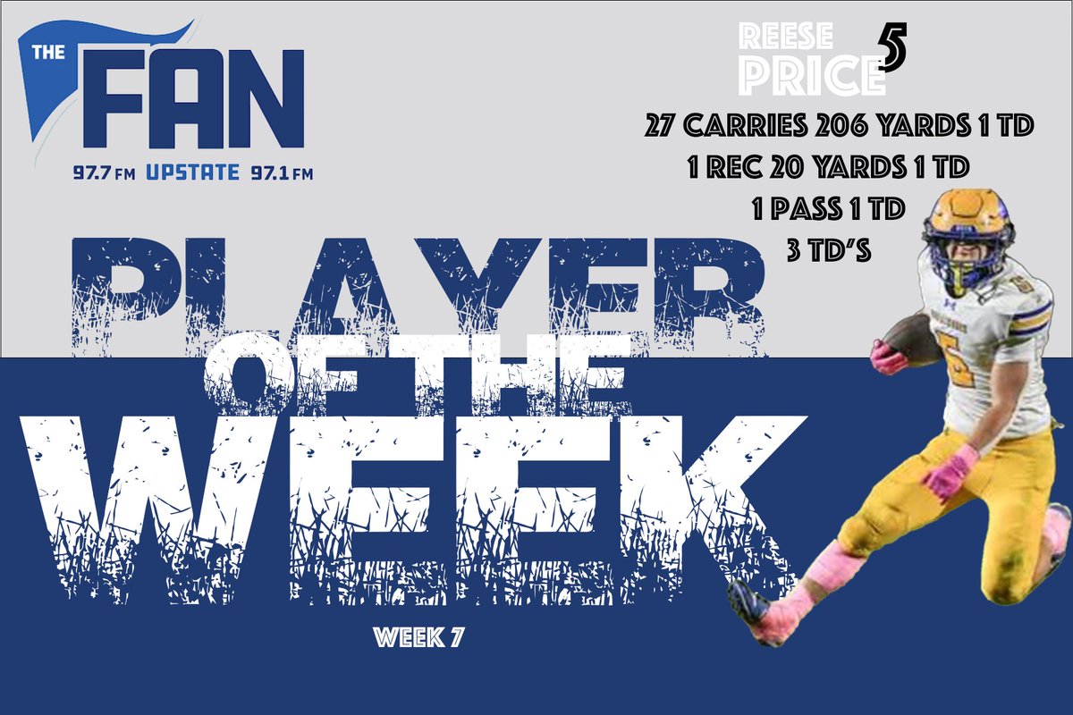 🚨 Congratulations to The Fan Upstate Player of the Week for Week 7, <a href="/Reese_Price26/">Reese Price</a> of Wren High School. 

Reese will join the guys today on #WIRE2WIRE! 🔥