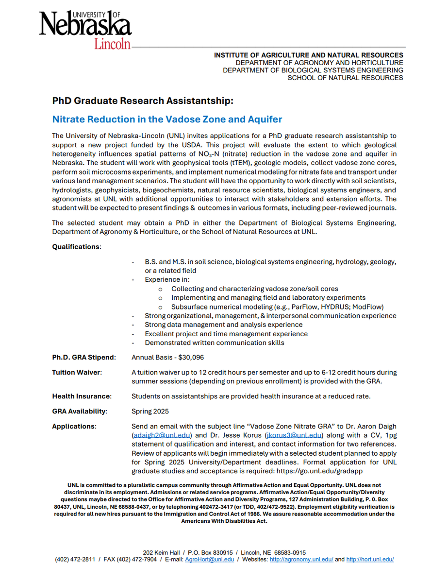 Aaron Lee M Daigh (@m_daigh) on Twitter photo I am hiring!
👉PhD Graduate Research Assistant to support a new project on NO3-N reduction in the vadose zone & aquifer.
USDA funded project w/ <a href="/JesseKorus/">Jesse Korus</a>, <a href="/gilmore_H2O/">Troy E Gilmore</a>, Jeff Westrop, Khalil Aboushanab, & Kathleen Cameron
Details👇
<a href="/UNL_IANR/">Institute of Agriculture and Natural Resources</a> <a href="/unlagrohort/">Nebraska Agronomy and Horticulture</a> <a href="/UNL_BSE/">Nebraska Biological Systems Engineering</a> <a href="/UNL_CSD/">UNL_CSD</a> I am hiring!
👉PhD Graduate Research Assistant to support a new project on NO3-N reduction in the vadose zone & aquifer.
USDA funded project w/ <a href="/JesseKorus/">Jesse Korus</a>, <a href="/gilmore_H2O/">Troy E Gilmore</a>, Jeff Westrop, Khalil Aboushanab, & Kathleen Cameron
Details👇
<a href="/UNL_IANR/">Institute of Agriculture and Natural Resources</a> <a href="/unlagrohort/">Nebraska Agronomy and Horticulture</a> <a href="/UNL_BSE/">Nebraska Biological Systems Engineering</a> <a href="/UNL_CSD/">UNL_CSD</a>