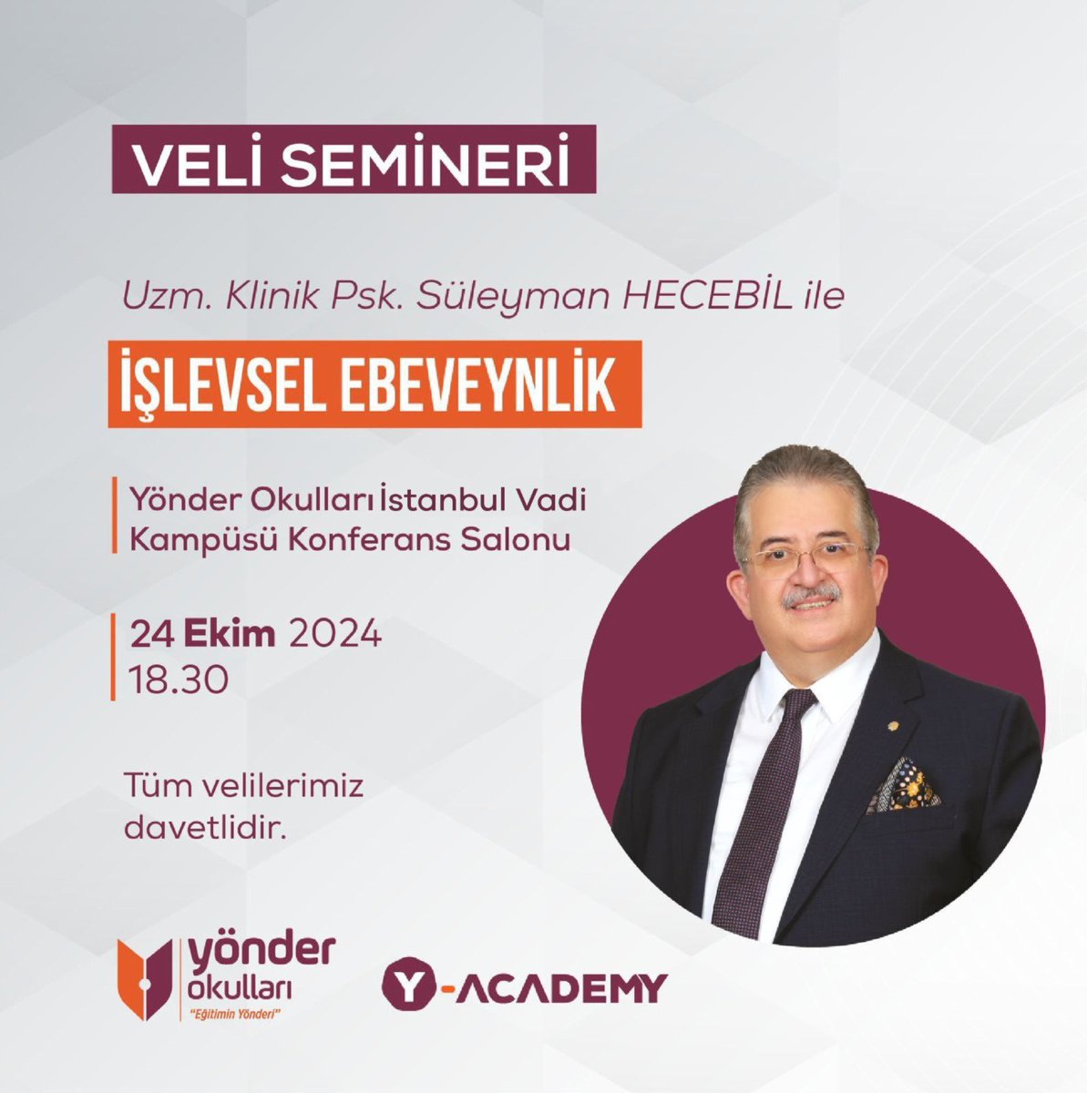 yonderokullari's tweet image. Y-Academy Programı kapsamında Uzm. Klinik Psk. Süleyman HECEBİL, ‘‘İşlevsel Ebeveynlik’’ konulu semineri ile İstanbul Vadi Kampüsümüzde velilerimizle bir araya geliyor.

#YönderOkulları #EğitiminYönderi #YAcademy