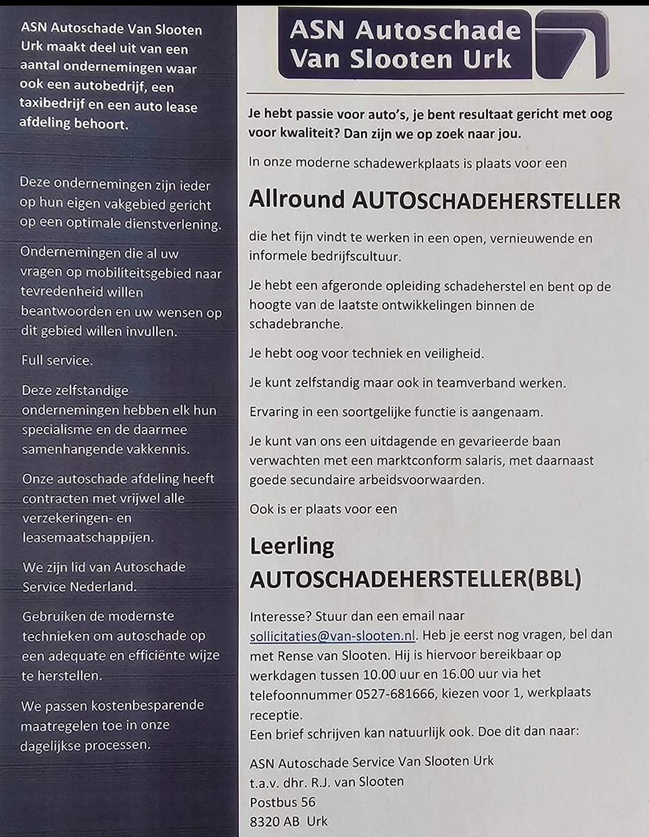 VanSlootenGroep's tweet photo. Wij hebben de volgende vacatures beschikbaar. #autoschade #personeel #gezocht #autoschadehersteller #urk #bbl https://t.co/t8YSD3NGwF