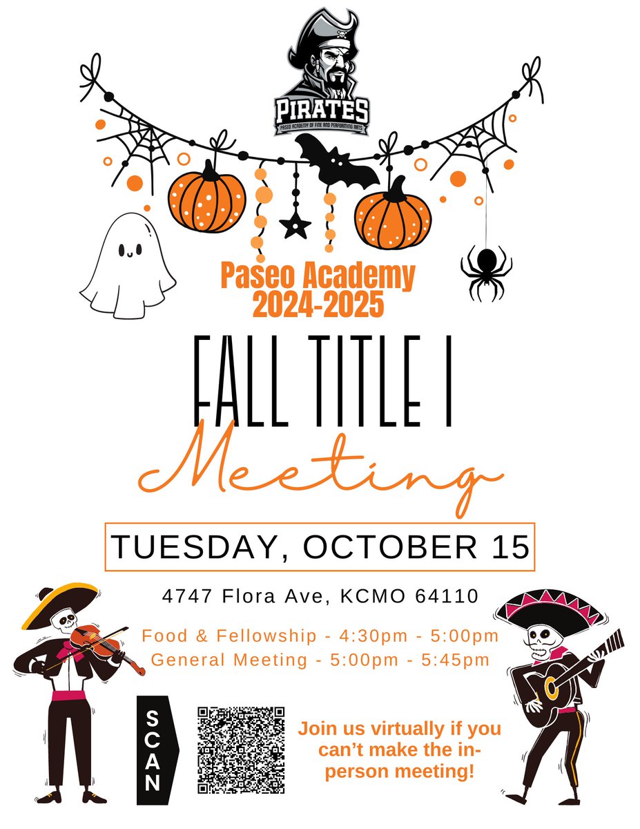 Come out to Paseo this evening from 4:30pm-5:45pm for our Fall Title 1 SAC Meeting in the cafeteria.

Food and Fellowship will be 4:30-5pm

The general meeting will begin at 5pm

Can't make it in person? Scan the QR code to join virtually at 5pm when the general meeting begins.