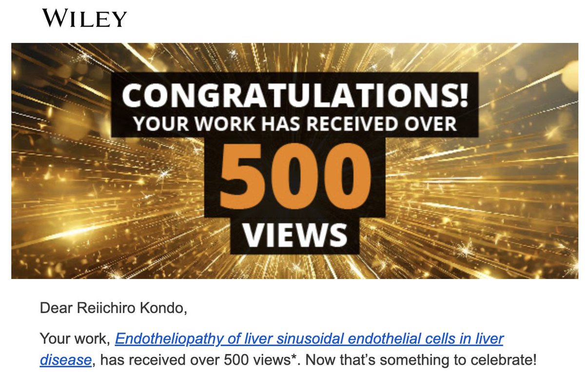 kondo016's tweet image. 昨年、肝臓の類洞内皮細胞に関して行なってきた研究を論文にまとめる機会がありました。先ほど、その論文の「閲覧件数が500件を超えました。おめでとう！」という連絡が届きました。とてもニッチな領域の論文に関心を持ってもらって嬉しいです。onlinelibrary.wiley.com/doi/10.1111/pi… #ViewsMilestone