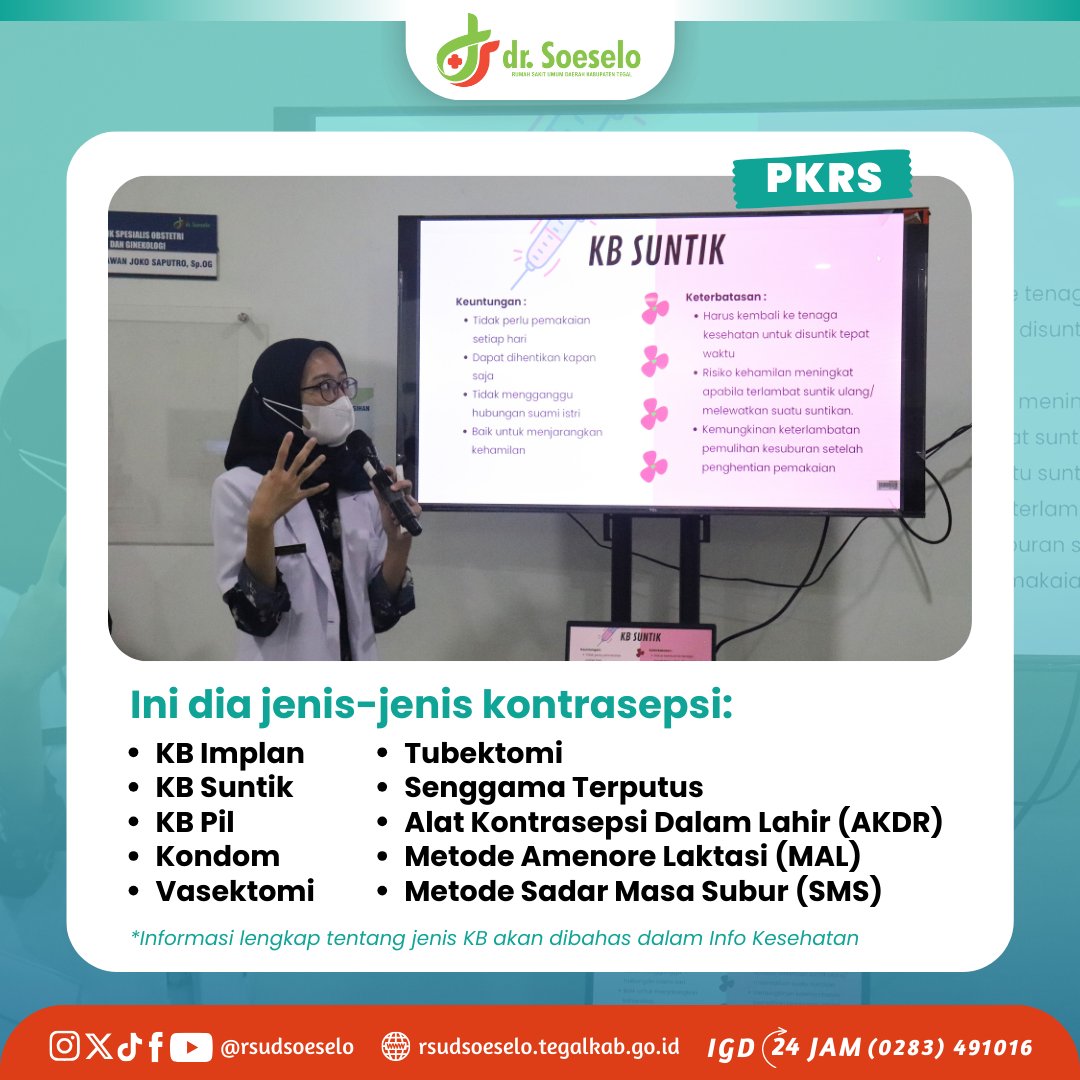 rsudsoeselo's tweet image. Padahal selain pilihan yang beragam, efek sampingnya dapat diminimalisir dengan memilih KB yang cocok dan nyaman, serta perlunya partisipasi suami untuk dapat ber-KB. Lalu, apa saja jenis kontrasepsi yang penting untuk kita ketahui? Yuk, simak!
#rsudsoeselo #pkrs #kb #kontrasepsi