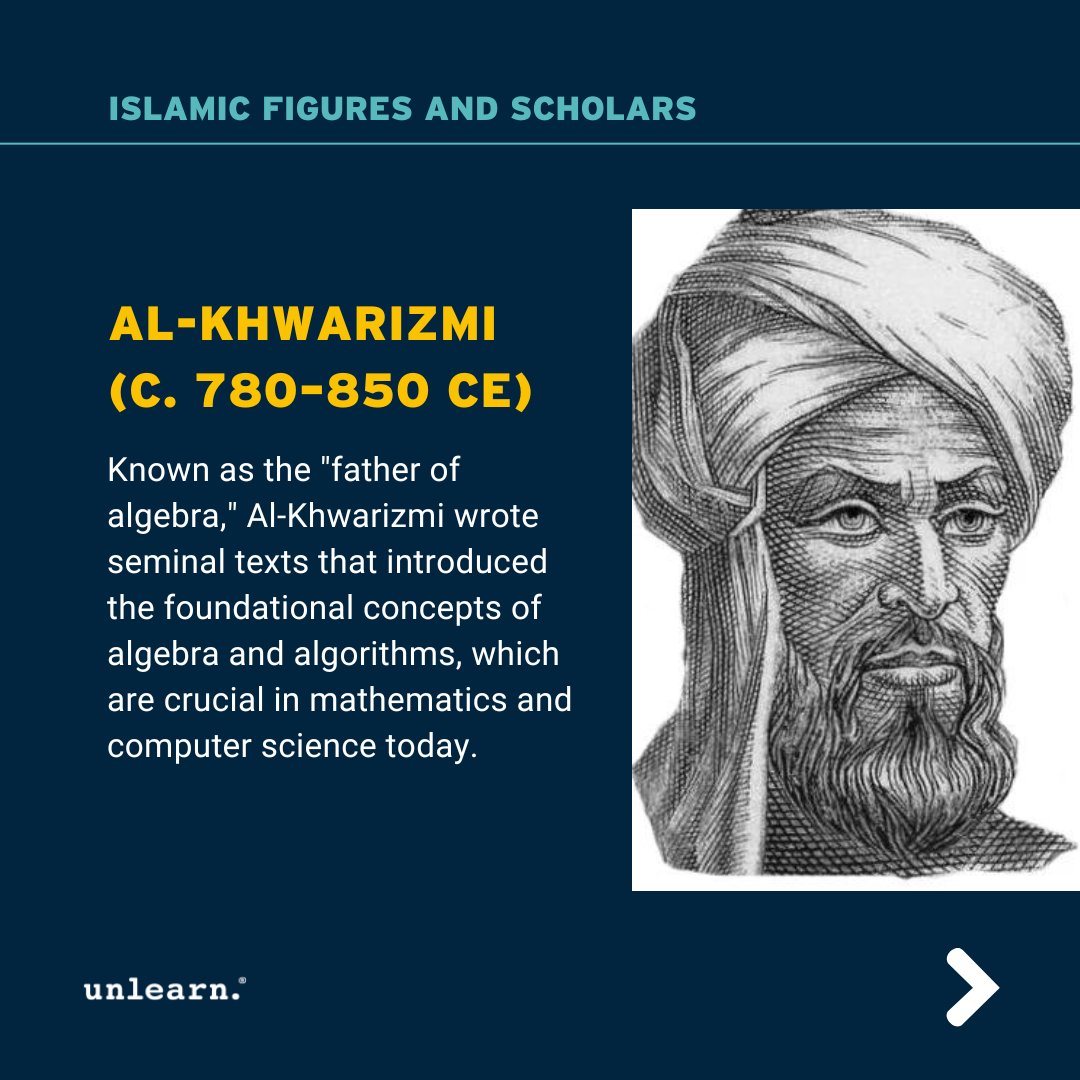 unlearn_com's tweet photo. 🌟 Islamic Heritage Month: Honouring Islamic Figures and Scholars! 🌟

As we celebrate Islamic Heritage Month, let’s take time to honour the brilliant minds and influential figures who have shaped Islamic culture and contributed to global knowledge. From pioneering scientists and philosophers to esteemed poets and scholars, the legacy of these individuals continues to inspire and educate.

Swipe to discover 5 amazing Islamic figures and scholars who made a lasting impact on history. These are just a handful of the many remarkable individuals who’ve influenced the world. 

Do you know of any other Islamic figures who’ve made a big impact on history? Share them with us! 📚✨

#IslamicHeritageMonth #IslamicScholars #CulturalLegacy #unlearn