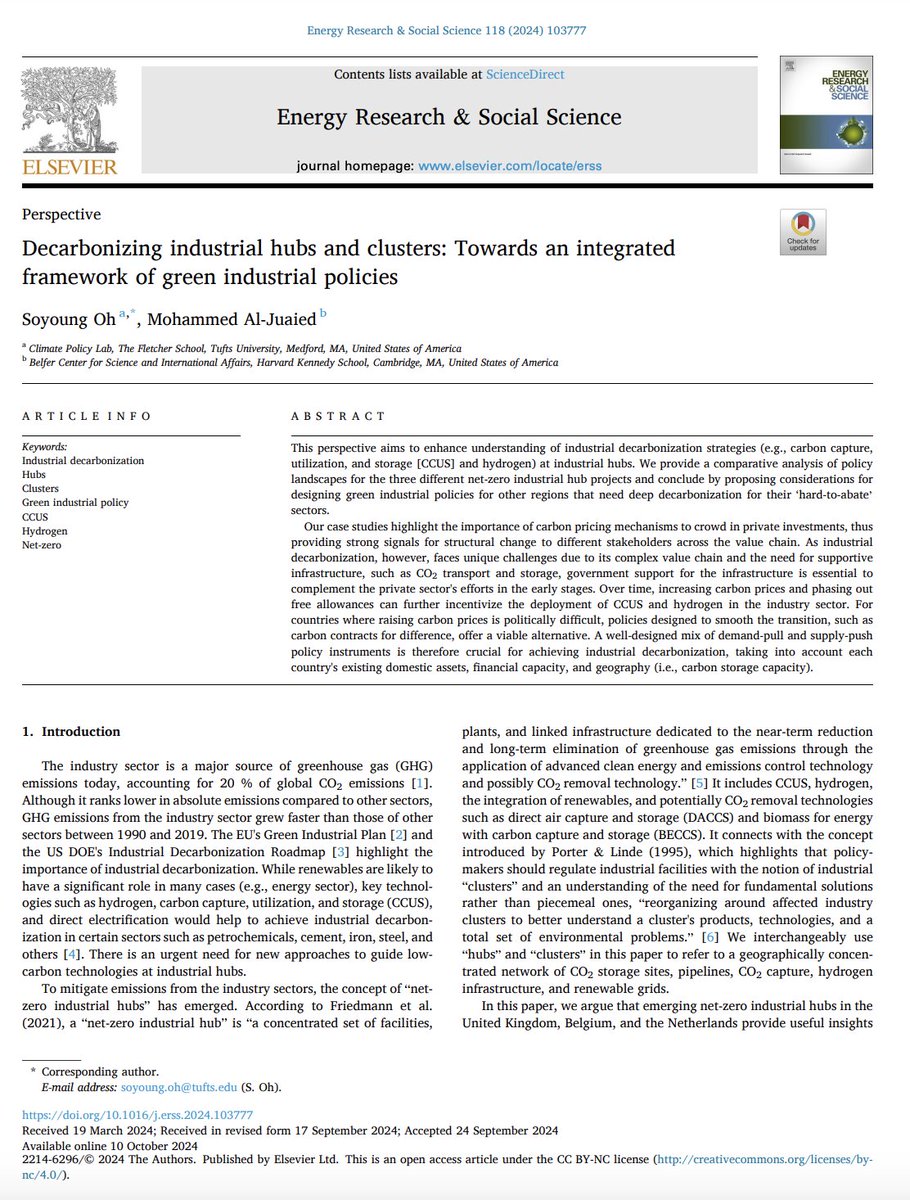 Climate Policy Lab (@policy_climate) on Twitter photo NEW | "Decarbonizing industrial hubs and clusters: Towards an integrated framework of green industrial policies" by <a href="/soyoung_oh_/">Soyoung Oh</a> and Mohammed Al-Juaied
Read their publication in Energy Research & Social Science: sciencedirect.com/science/articl… NEW | "Decarbonizing industrial hubs and clusters: Towards an integrated framework of green industrial policies" by <a href="/soyoung_oh_/">Soyoung Oh</a> and Mohammed Al-Juaied
Read their publication in Energy Research & Social Science: sciencedirect.com/science/articl…
