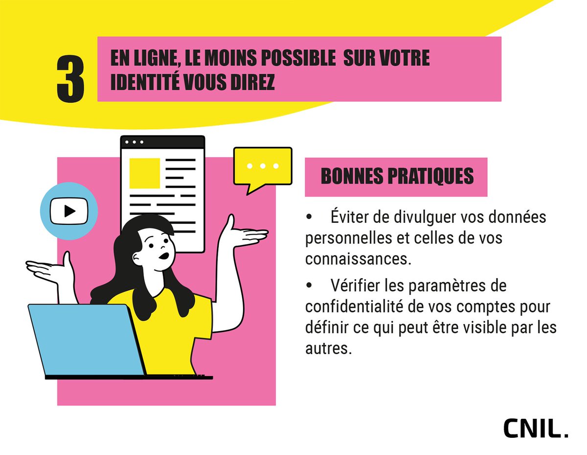 CNIL's tweet image. #Cybermois #CyberEngagés Publier et partager ses données personnelles sur Internet (nom, prénom, adresse mail, photos, vidéos, vocaux…) peut les exposer à une utilisation malveillante 👇