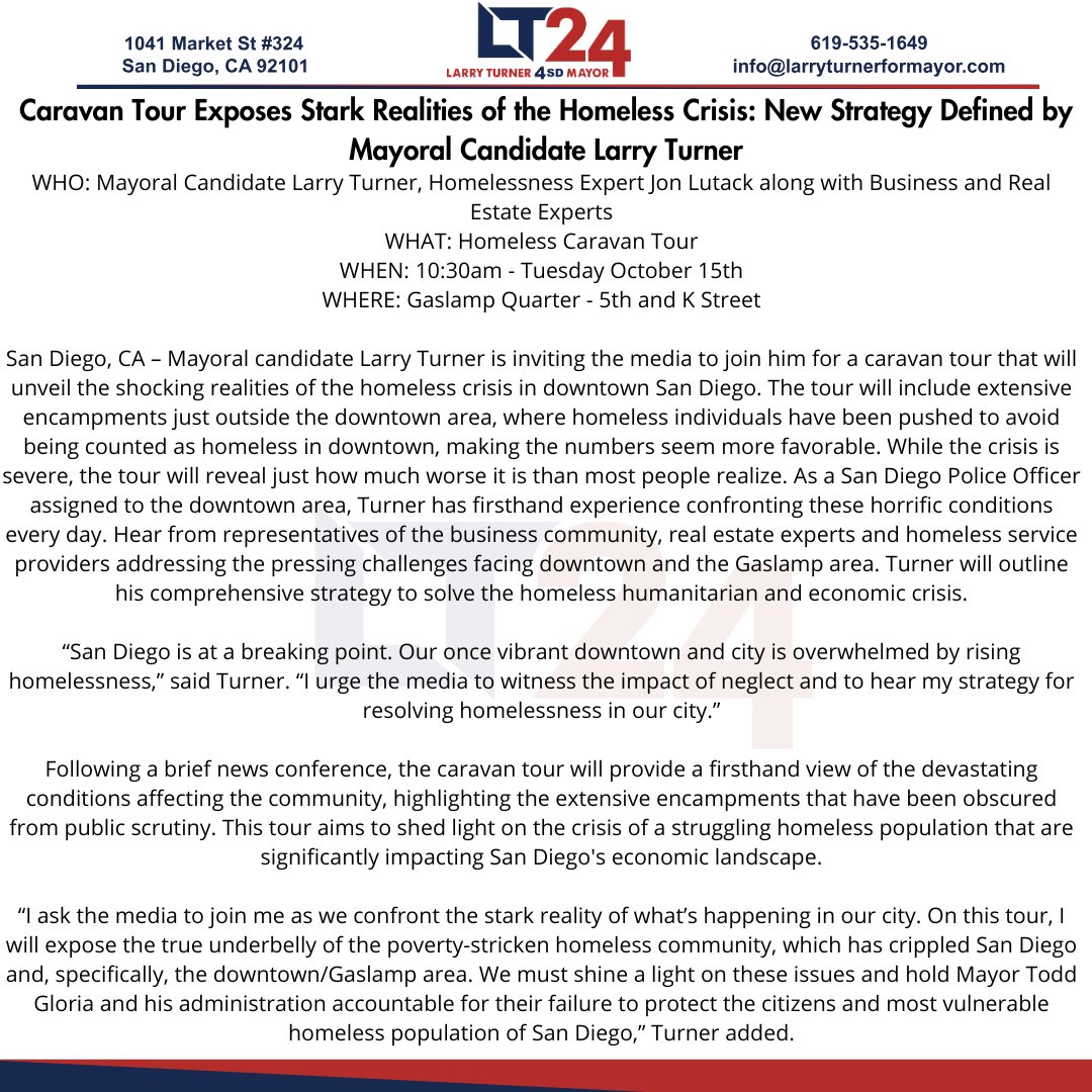 LarryTurner4SD's tweet photo. San Diego is at a breaking point. On Oct 15, Larry Turner will lead a caravan tour to reveal the harsh realities of the homelessness crisis and outline his plan to turn it around. The public deserves to know the truth. #TurnItAroundWithTurner #LarryTurnerForMayor #LT4SD #SanDiegoParty