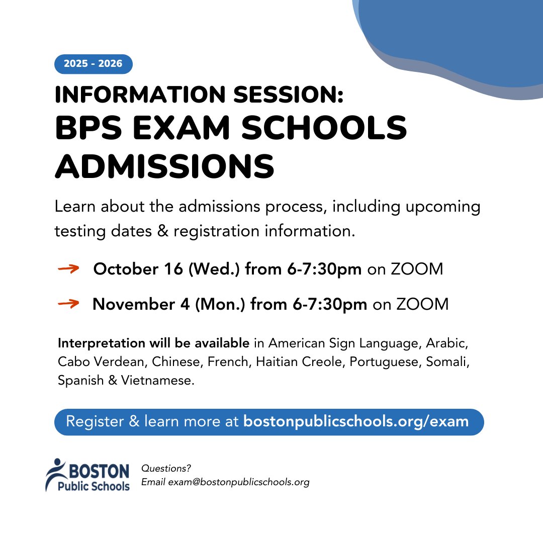Interested in applying to BPS exam schools for the fall of 2025? Attend our  community info sessions this fall to learn more: https://t.co/9t4gexX0Jf