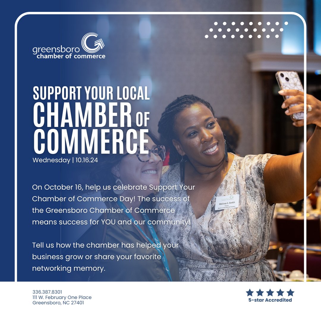 Wednesday, October 16, is support Your Local Chamber of Commerce Day! Share your support for the businesses that make our community thrive by giving your favorite Greensboro Chamber members a shout-out on social media.