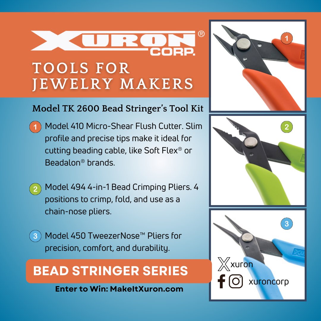 Xuron's tweet image. Unleash your creativity with the Xuron® TK 2600 Bead Stringer&apos;s Tool Kit! 🌟 With precision tools like the Micro-Shear® Flush Cutter and Four-in-One Crimping Pliers, it&apos;s a must for jewelry makers. Subscribe for tips &amp;amp; exclusive offers! #JewelryMaking #XuronTools