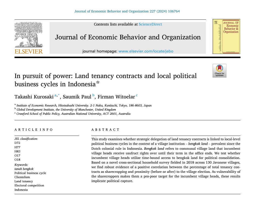 ANU Indonesia Project (@anuindonesia) on Twitter photo New research from Firman Witoelar (<a href="/ujangw/">Firman Witoelar</a>), Takashi Kurosaki (<a href="/Hitotsubashi_U/">一橋大学</a>) and Saumik Paul (<a href="/GlobalDevInst/">Global Development Institute</a>) finds village heads in Java strategically used land tenancy contracts over land they have temporary rights to win elections. Available now: doi.org/10.1016/j.jebo… New research from Firman Witoelar (<a href="/ujangw/">Firman Witoelar</a>), Takashi Kurosaki (<a href="/Hitotsubashi_U/">一橋大学</a>) and Saumik Paul (<a href="/GlobalDevInst/">Global Development Institute</a>) finds village heads in Java strategically used land tenancy contracts over land they have temporary rights to win elections. Available now: doi.org/10.1016/j.jebo…