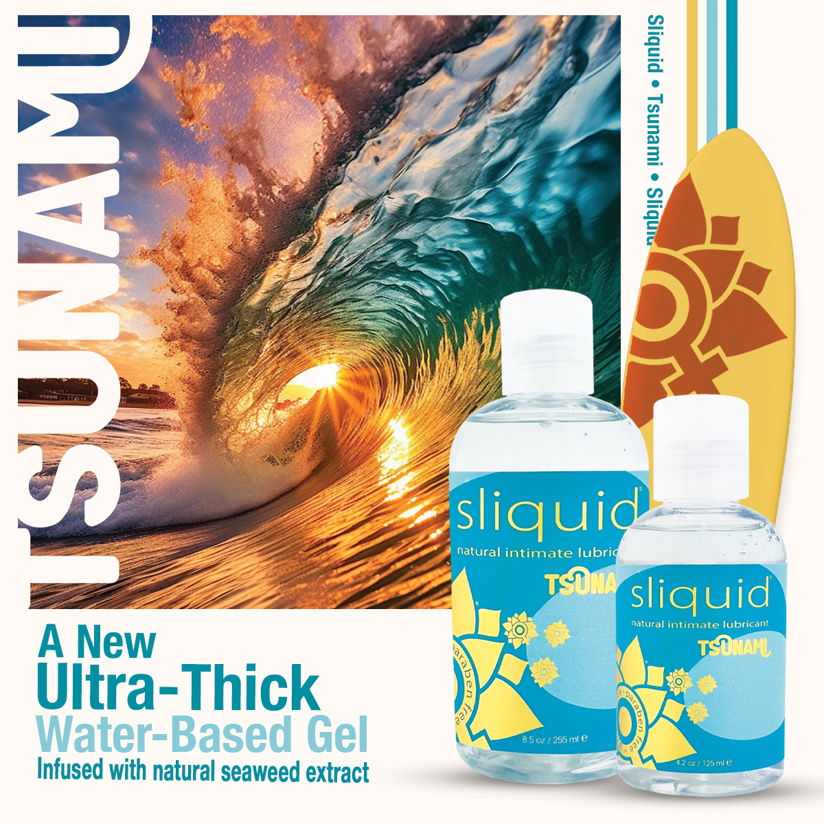 sliquid's tweet image. A new ULTRA-THICK water-based gel, infused with seaweed extract. Like all our products, Tsunami is pH-balanced, glycerine and paraben-free, gluten-free, hypoallergenic, vegan, and cruelty-free.

#sliquid #sliquidtsunami #waterbased #lube #wellness #natural