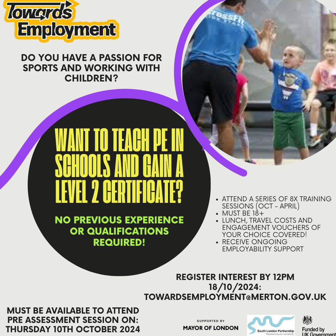 Employ Merton (@employmerton) on Twitter photo LAST FEW REMAINING SPACES 🚨
Gain a L2 certificate and support the delivery of PE, school sport and physical activity, through 8x training sessions.👏
Please register interest no later than 2pm Friday 18th October 2024.
#UKSPF #sports #civicpride #merton #training LAST FEW REMAINING SPACES 🚨
Gain a L2 certificate and support the delivery of PE, school sport and physical activity, through 8x training sessions.👏
Please register interest no later than 2pm Friday 18th October 2024.
#UKSPF #sports #civicpride #merton #training