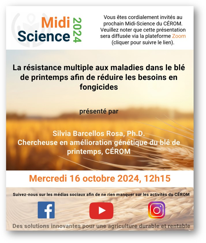 Présentation du projet "La résistance multiple aux maladies dans le blé de printemps afin de réduire les besoins en fongicide"  
Participer Zoom Réunion
us06web.zoom.us/j/83056576264?…