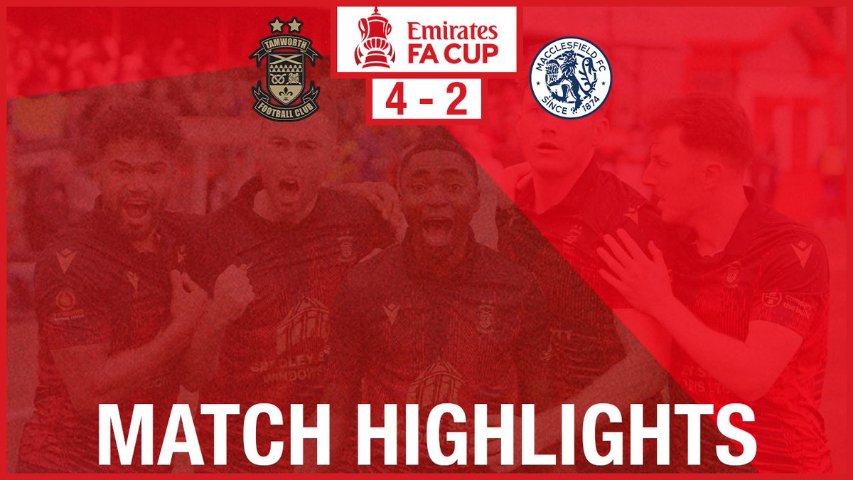 tamworthfc's tweet photo. π¬ πππππππππ§π¦ π¬
#TAMMAC π΄ 4-2 π΅
βΆοΈ Highlights from our 4-2 win against Macclesfield FC in the @emiratesfacup are out now, visit our YouTube channel to view the match highlights:
π https://t.co/tICAV9tObS
#bristolstreetmotors | #COYL πβ½οΈ https://t.co/7BuPak5D7R