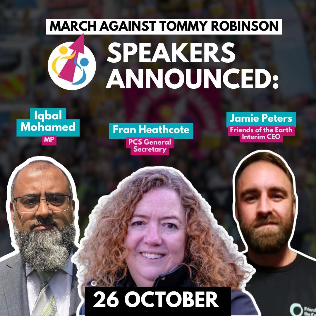 And finally, fantastic that we will be joined by:

• <a href="/FranHeathcote/">Fran Heathcote</a> <a href="/pcs_union/">PCS Union (pcs.org.uk)</a> 
• <a href="/iqbalmohamedMP/">Iqbal Mohamed MP</a> 
• Jamie Peters <a href="/friends_earth/">Friends of the Earth</a> 

at our protest for unity and solidarity against division #StandUptoRacism. More speakers tba! 

6/7
