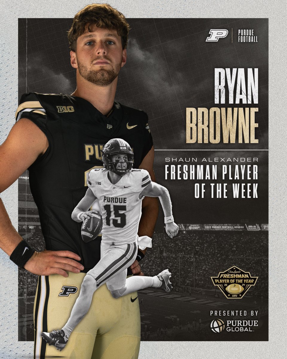 415 yards in his first career start.

Second Purdue QB since 1970 to pass for 250+ yards and rush for 100+ yards in a single game.

<a href="/ryanbrownexv/">Ryan Browne</a> is the Shaun Alexander Freshman Player of the Week!
