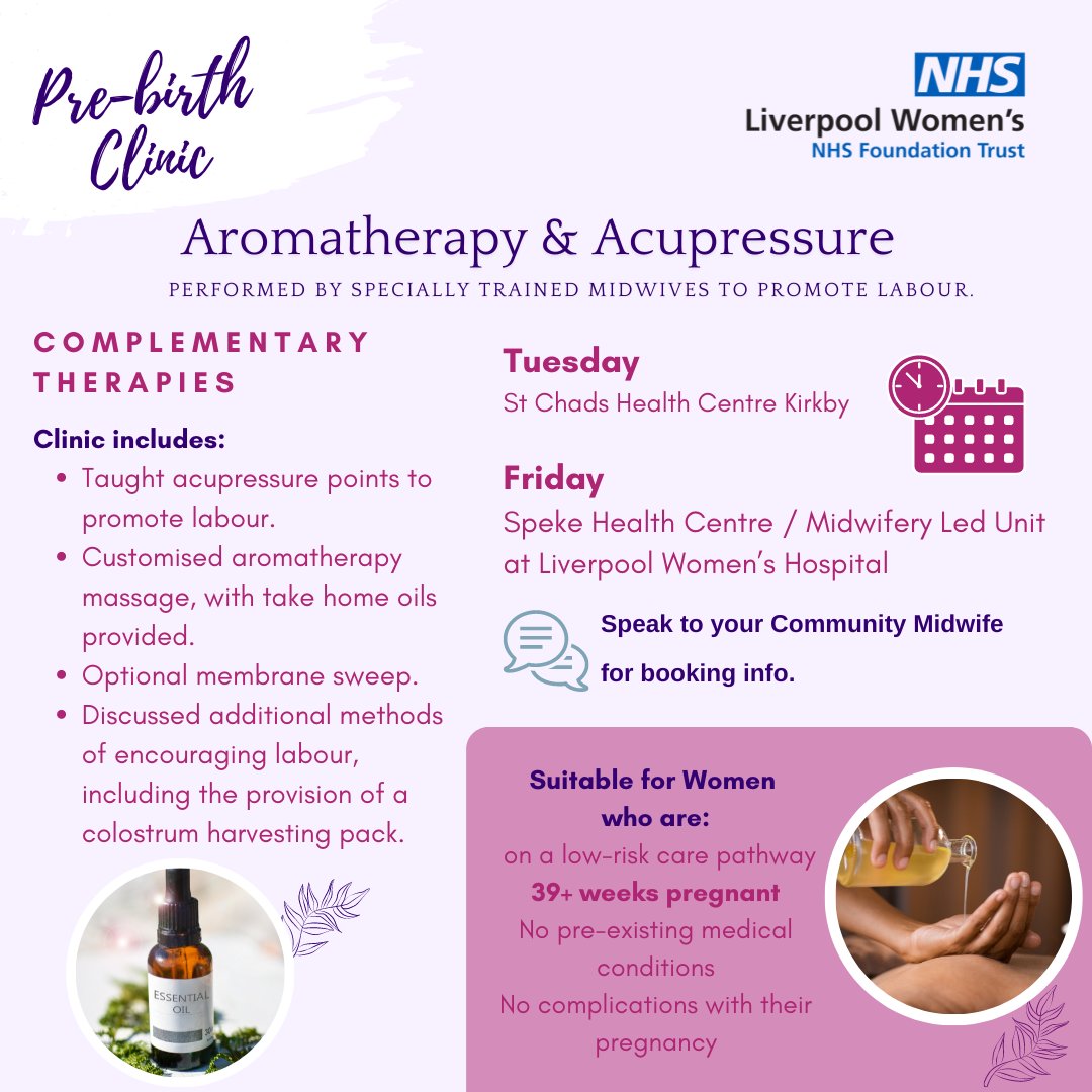 We are delighted to introduce our new pre-birth Clinic, aimed at low risk patients, 39+ weeks with no obstetric complications or pre-existing medical conditions to promote labour using complementary therapies performed by specially trained Midwives to promote labour.