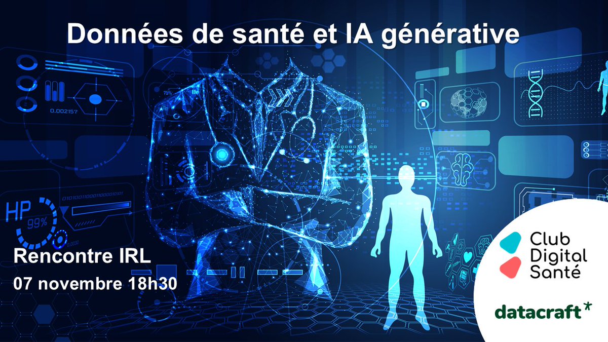 📅Bloquez vos agendas ! 
Nous vous convions à une nouvelle Rencontre IRL du Club Digital Santé en partenariat avec <a href="/datacraft_paris/">datacraft</a>  sur le thème « Données de santé et IA générative » le 7 novembre prochain.

👉 Inscription : club-digital-sante.info/rendez-vous-le…

#hcsmeufr #esante #IA