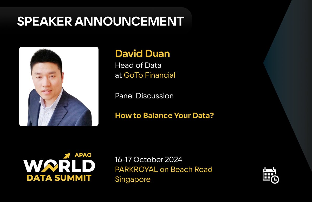 WorldDataSummit's tweet image. Learn practical strategies for achieving #databalance with Dr David Duan and top data mindsets at the @WorldDataSummit in Singapore on Oct 16-17.
Check out the agenda and save your spot now:
worlddatasummitasia.com
#worlddatasummit #datascience #dataanalytics #singapore #data #AI