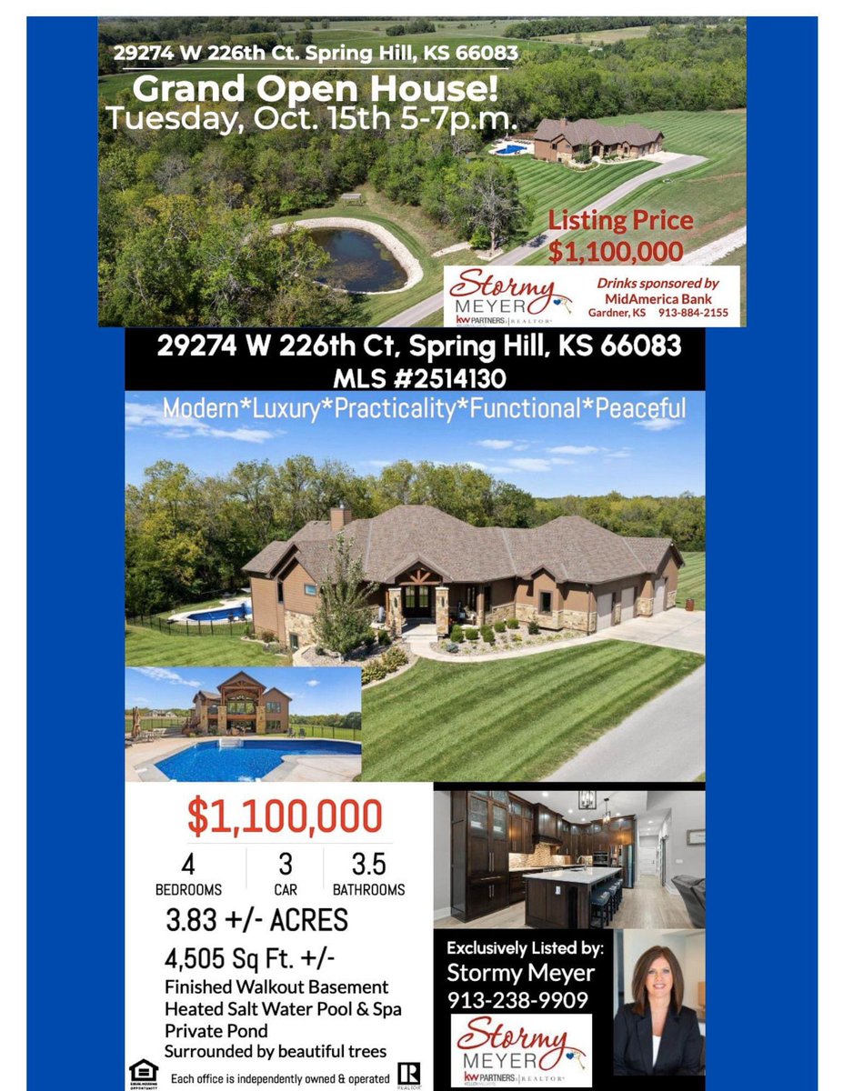 stormymeyer's tweet image. For Sale!
29274 W. 226th Ct. Spring Hill, KS 66083
$1,100,000
MLS 2514130
GRAND OPEN HOUSE today OCTOBER 15th  5-7pm
MODERN*LUXURY*FUNCTIONAL*PEACEFUL custom-designed RANCH home, with 4,505 +/- sq ft &amp;amp; a 1485 sqft three car garage. salt water, heated pool &amp;amp; spa, pond &amp;amp; trail.