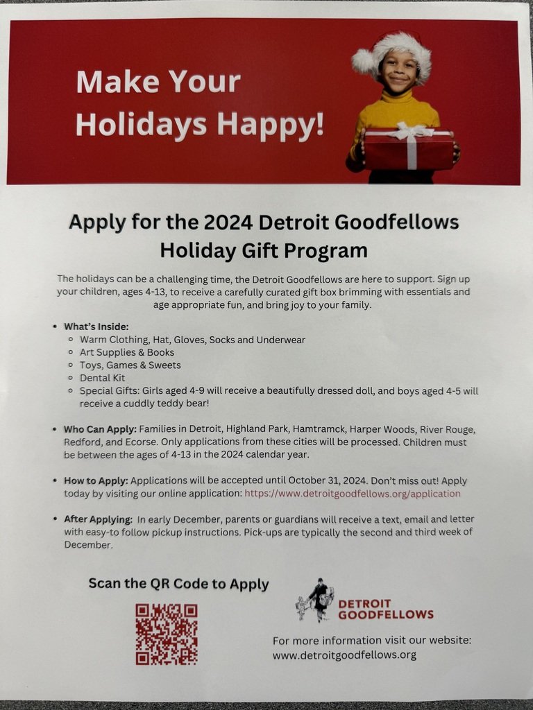Distribution will be right here in Ecorse at John F. Kennedy in early December.  Exact dates to follow.  Application accepted until October 31st.