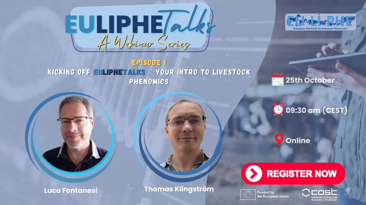 EU-LI-PHE CA22112 (@eu_li_phe) on Twitter photo 🚀 Introducing #EULIPHETalks! 🌟 Join our new #webinarseries on #phenomics in #livestock.
Episode 1: "Intro to Livestock Phenomics"
<a href="/LucaFontanesi/">Luca Fontanesi</a>: "What is phenomics?"
Tomas Klingström: "Phenotyping Technologies in Livestock"
📅 Register now: us06web.zoom.us/meeting/regist… 🚀 Introducing #EULIPHETalks! 🌟 Join our new #webinarseries on #phenomics in #livestock.
Episode 1: "Intro to Livestock Phenomics"
<a href="/LucaFontanesi/">Luca Fontanesi</a>: "What is phenomics?"
Tomas Klingström: "Phenotyping Technologies in Livestock"
📅 Register now: us06web.zoom.us/meeting/regist…