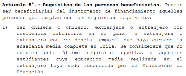 En el proyecto de fin al CAE (FES) parte del supuesto que el beneficiario tributará en Chile para su contribución. Todos podrían estudiar e irse del país, pero en los extranjeros el riesgo de no contribución es mayor.