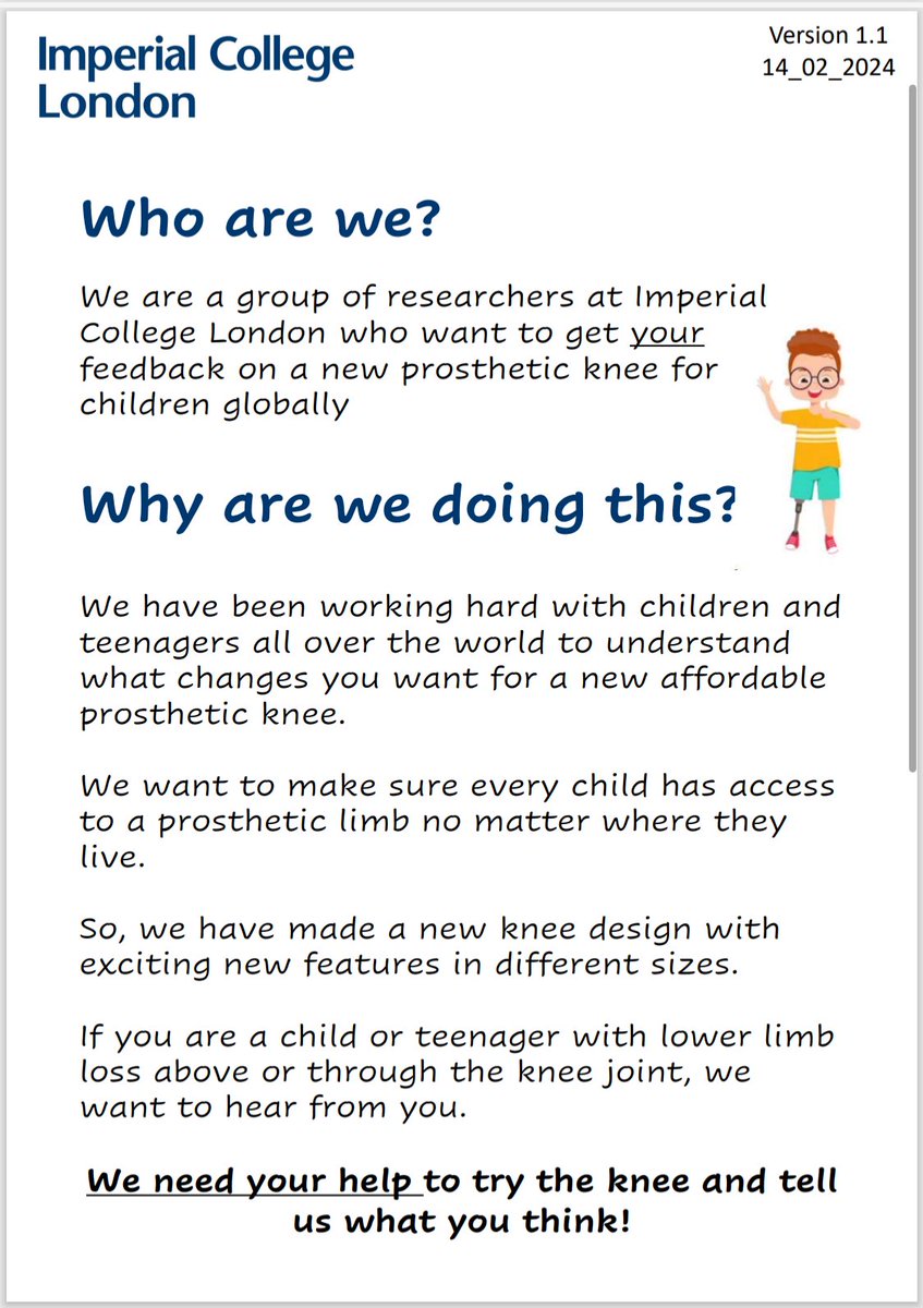 CaitlinEdgar_'s tweet image. ❗️New Prosthetic Knee for Children ❗️
There is still time to join the story and try out our new knee joint! Our first few trials have gone super well and we are already implementing your feedback! If you know a child or young person with lower limb loss, please share 🦿