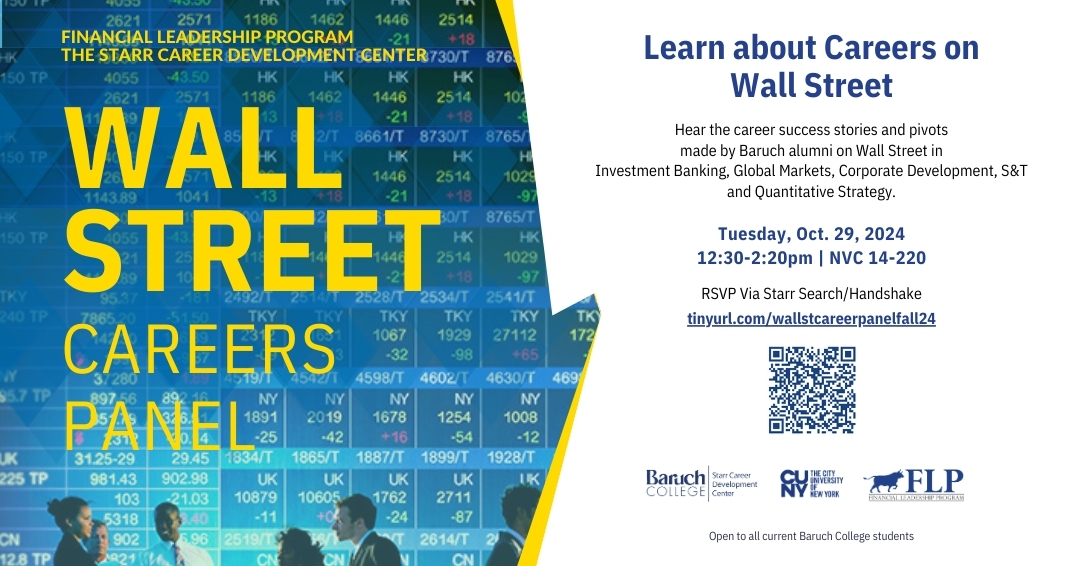 Interested in a career on #WallSt? Attend our panel to hear the career success stories and pivots made by Baruch alumni in #InvestmentBanking, Corporate Development, and more!

Register here: tinyurl.com/wallstcareerpa…

#baruchstarr #baruchworks #trading #finance #stockmarket