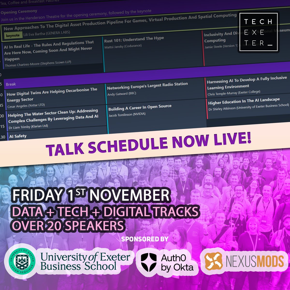 TechExeter's tweet image. Our talk schedule is now live! Check it out at conference.techexeter.uk/schedule/