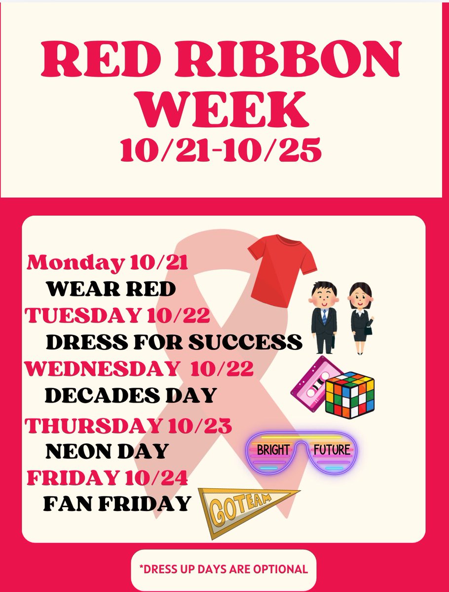 Red Ribbon Week is next week! Below are optional dress up days for the Wildcats!