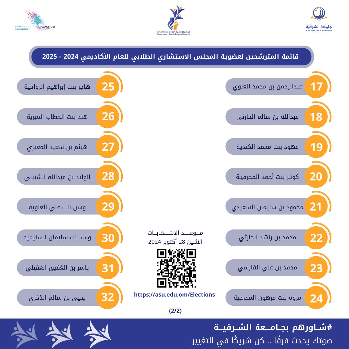 المجلس الاستشاري الطلابي للعام الأكاديمي 2024 -2025 || صوتك يحدث فرقًا .. كُن شريكًا في التغيير || ✨

#StudyAtASU
#ASU
#oman
#university