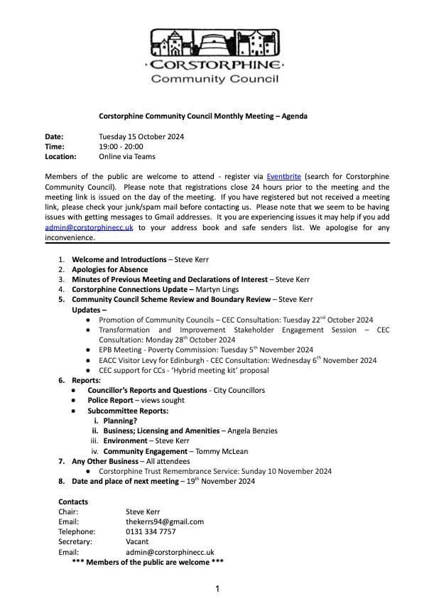 The agenda for tonight’s meeting is now on the website, though a last minute change is that Martyn Lings won’t be attending due to personal reasons.