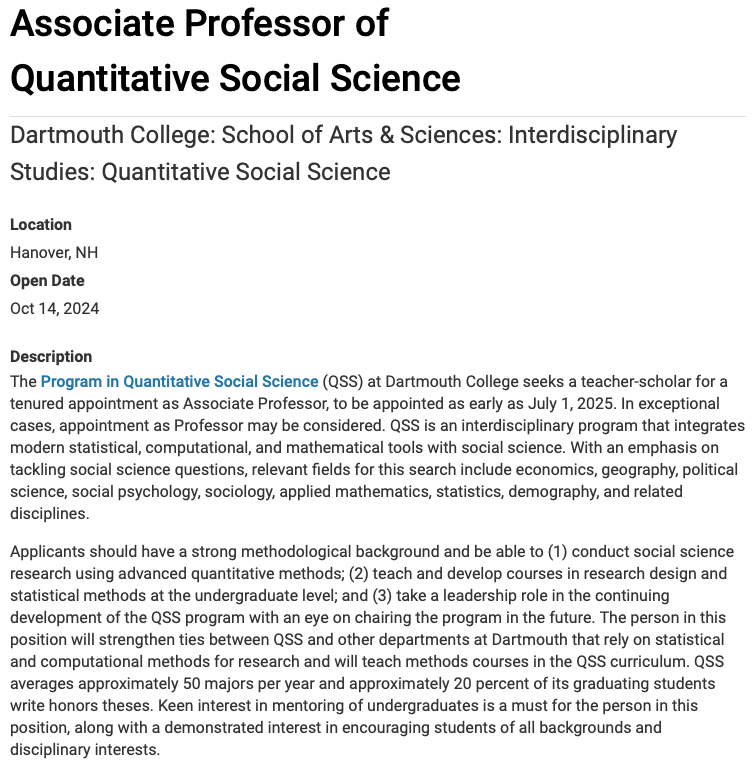 New job posting: Please apply and/or share with your networks! I'm on the committee and happy to answer questions.

Associate Professor of Quantitative Social Science, Dartmouth
apply.interfolio.com/157039 (11/15 deadline)