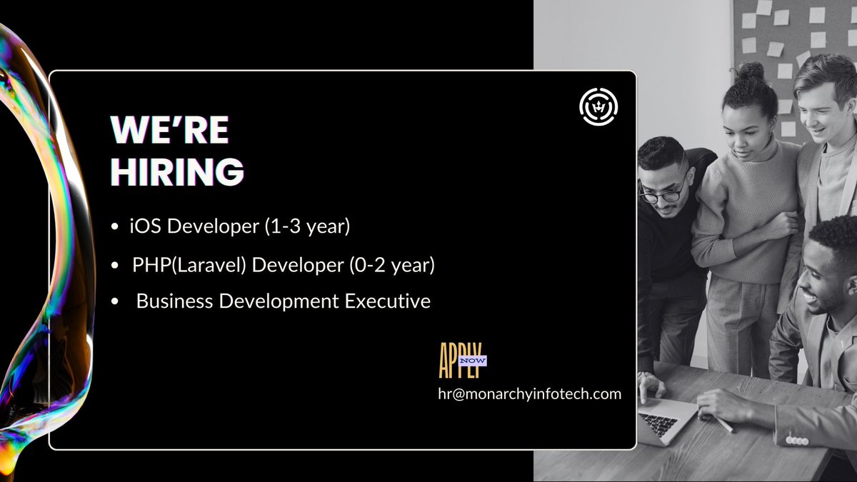 MonarchyIT's tweet image. Hello....Everyone.....
We are hiring for below position
#iOS_Developer (1-3 year)
#PHP_Laravel_Developer (0-2 year)
#Business_Development_Executive
If interested candidate kindly share your CV at hr@monarchyinfotech.com