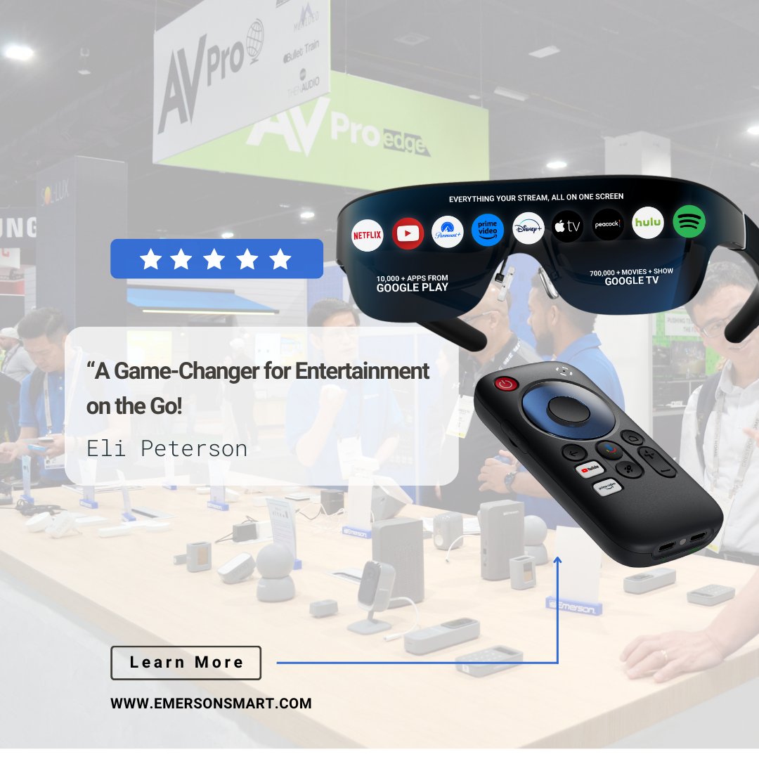 Experience a 120-inch virtual screen with the lightweight, plug-and-play Emerson Smart Mobile Theater Glasses. Stream your favorite shows, play games, and enjoy immersive entertainment on the move – all powered by Homatics &amp; Google TV  Tap the link in bio to learn more!