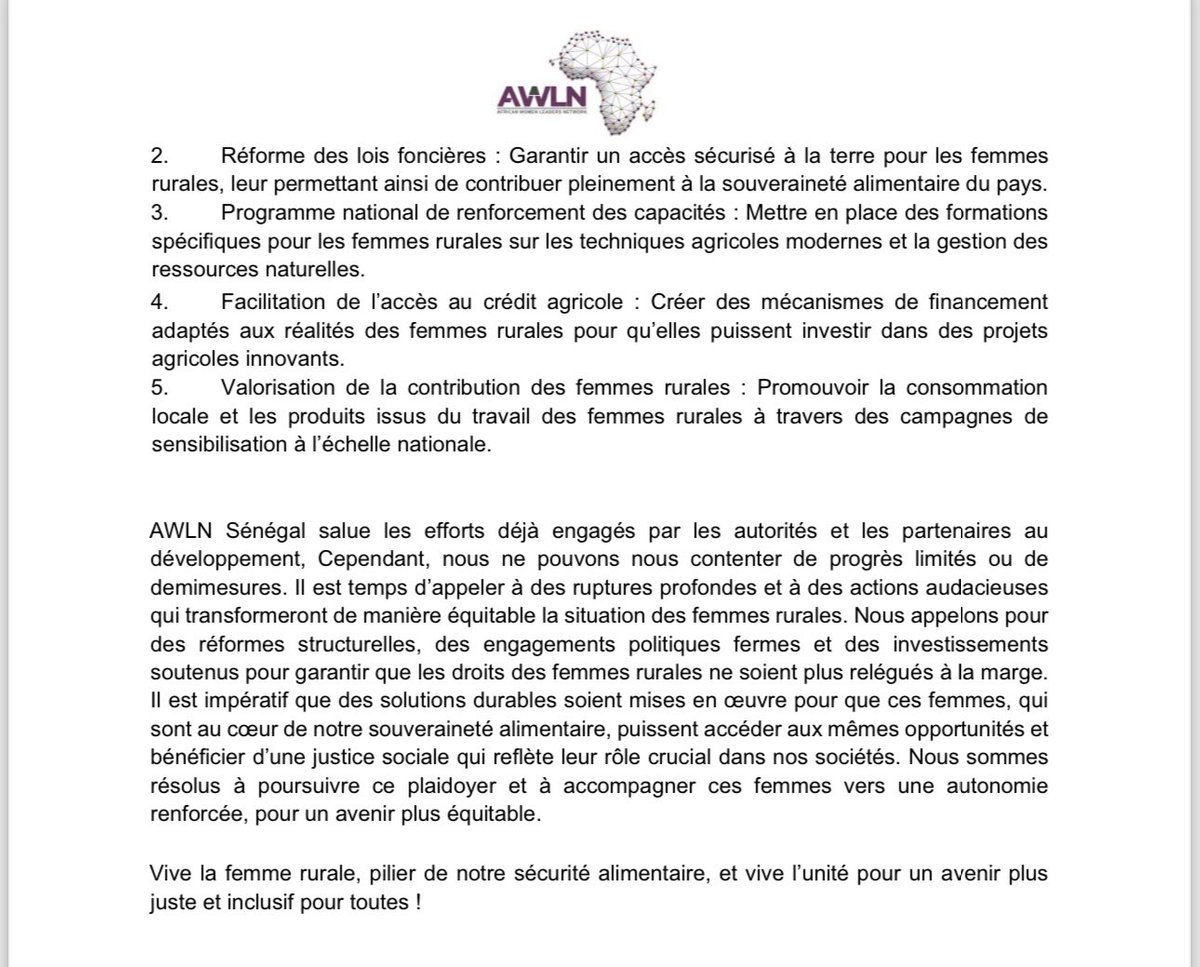 Journée internationale de la femme rurale, AWLN Sénégal plaide pour une réforme des lois concernant le foncier, l’accès au crédit agricole entre autres . Ces femmes plaident pour des assises de l’agriculture avec l’implication active des femmes rurales.