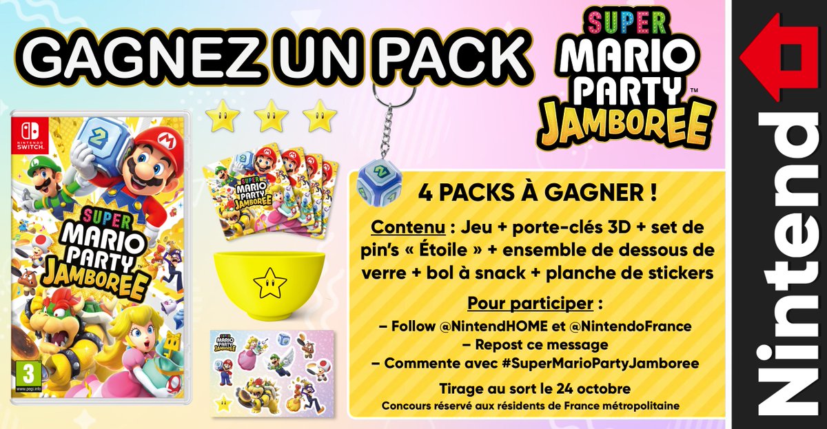 NintendHOME's tweet image. 🎁 Concours – Envie d’une fête mémorable ? Tentez de gagner Super Mario Party Jamboree et son lot de goodies officiels !

Pour participer :
▶️ Follow @NintendHOME et @NintendoFrance
🔄 RT ce post
#️⃣ Commente avec #SuperMarioPartyJamboree

📅 Tirage au sort le 24/10 (4 gagnants)