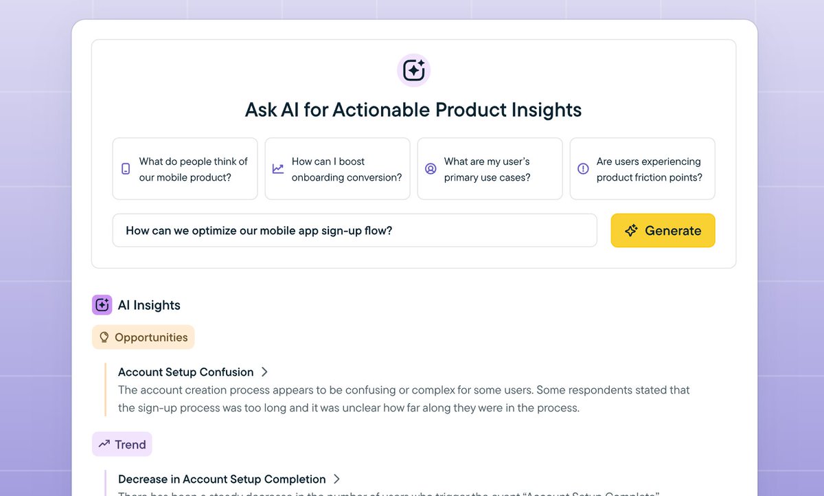 Today, I’m thrilled to announce the launch of <a href="/Sprig/">Sprig</a> AI Explorer, a new product from our Sprig 2.0 vision for AI-powered product experiences! 🚀

AI Explorer analyzes user behavior and sentiment data across your entire product and generates recommendations to help you boost
