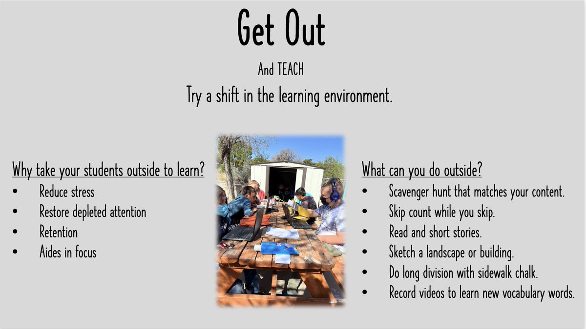 Take your class outside for a fresh perspective! 🌳✨ Learning in nature reduces stress, improves focus, and enhances retention. 🧠 Incorporate Universal Design for Learning (UDL) for inclusive outdoor experiences. #OutdoorLearning #UDL #Education #TipTuesday #NMUDL