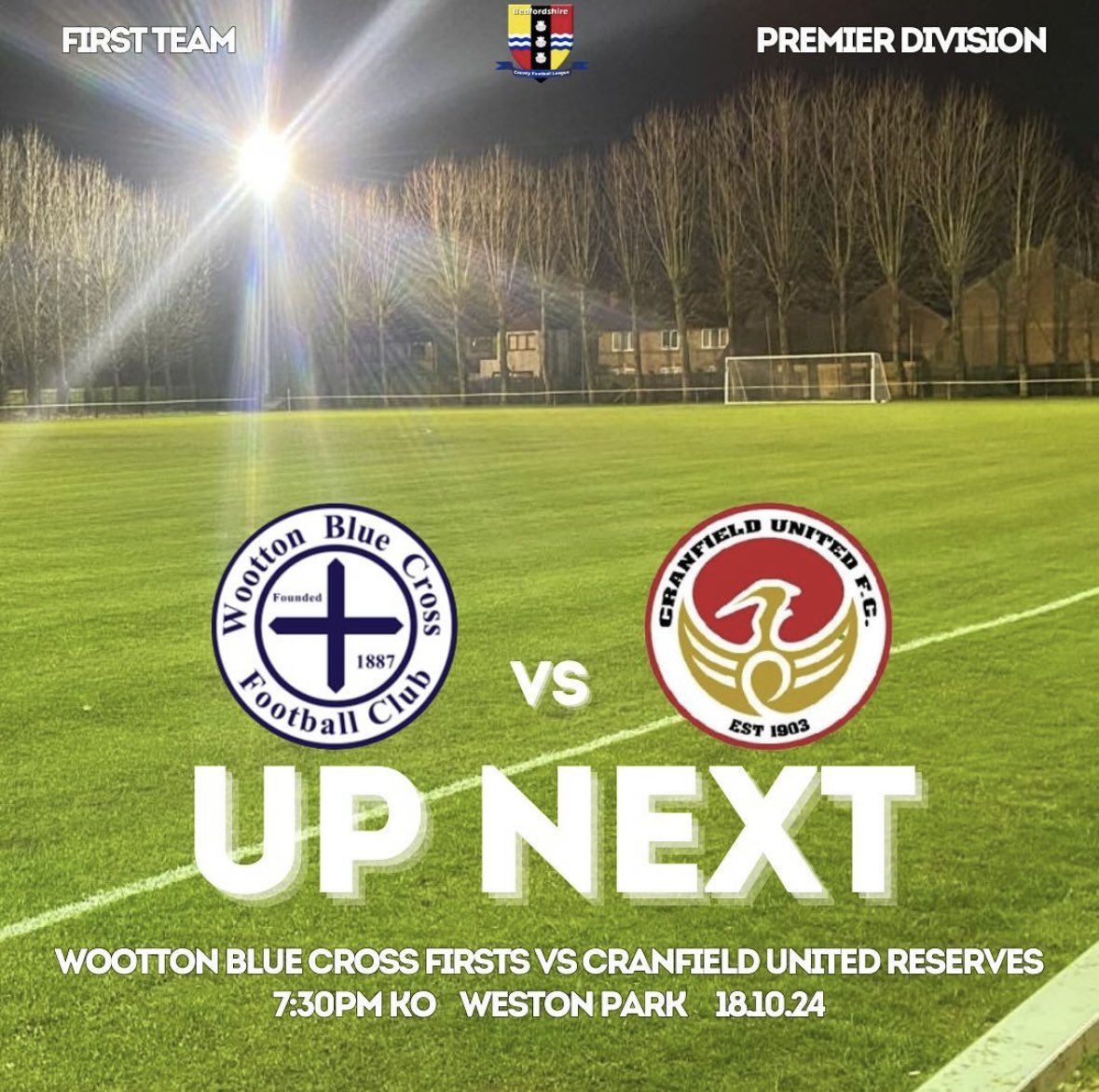BlueWoottonMens's tweet photo. 😍 | Big Derby “Under the Lights!”

🔵✖️1st vs @CranfieldUnited Res

📆 | Fri 18th Oct 2024
🕣 | 7:30pm KO
🏟️ | Weston Park, MK43 9JT
🍻 | Open 6:30pm

Always a solid game between the two &amp; a big 3pts up for grabs Friday night!

Come show the support.. 💪🏼

Up the Blue Cross! 🔵✖️ https://t.co/WmcX0fxWIi