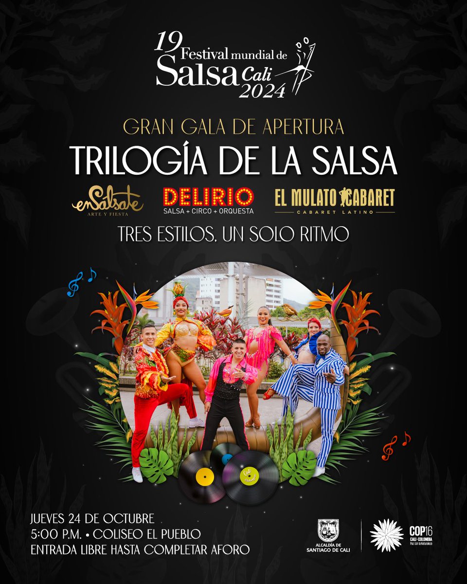 Cali, ¡tenemos una gran noticia! 🤩
Nuestro <a href="/FestSalsaCali/">Festival Mundial de Salsa de Cali</a> reunirá por primera vez a los 3 espectáculos más grandes de la ciudad <a href="/deliriocali/">Delirio Cali</a>, Ensálsate y El Mulato Cabaret en el show La Trilogía de la Salsa.💃🏻 

Jueves 24 de octubre. Coliseo El Pueblo.
Entrada libre. 5:00 p.m.🎶