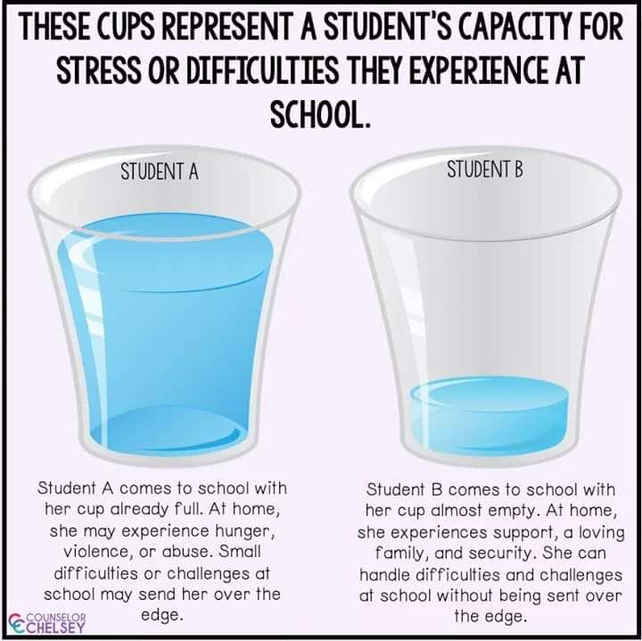 Trauma that a young person experiences outside of school can greatly impact their behaviour and experiences in school. 

Let's keep this in mind as we work with our young people who come into our educational establishments with full cups.🧠🌱
#ACES 
#stressbehaviour
#trauma