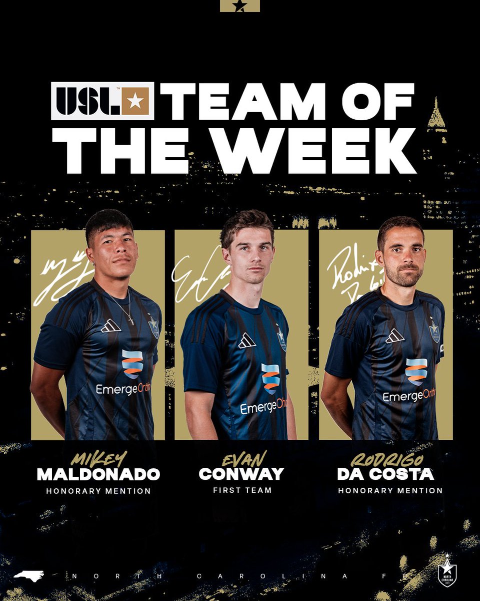 North Carolina FC (@northcarolinafc) on Twitter photo Black & Blue Trifecta⚫️🔵
Evan Conway has secured a spot in <a href="/USLChampionship/">USL Championship</a>'s Team of the Week for Week 32, with Mikey Maldonado and Rodrigo Da Costa receiving honorary mentions! Black & Blue Trifecta⚫️🔵
Evan Conway has secured a spot in <a href="/USLChampionship/">USL Championship</a>'s Team of the Week for Week 32, with Mikey Maldonado and Rodrigo Da Costa receiving honorary mentions!