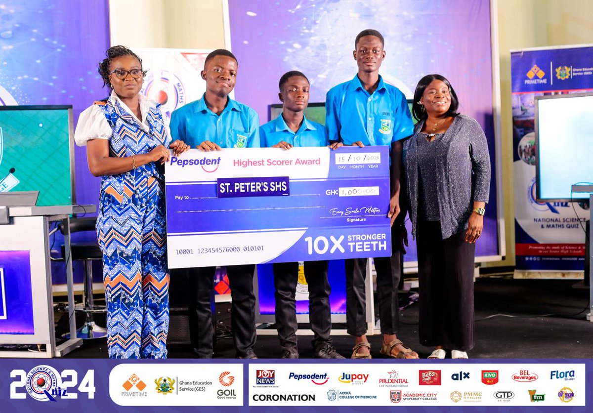NSMQGhana's tweet photo. AUDITORIUM 900

St. Peter's SHS' 65 total points make them the highest-scoring school for the day.

Congratulations on receiving the Pepsodent Highest Scorer Award. 

#NSMQ2024 #NSMQPrelims #Primetime https://t.co/QS01Hyabl5