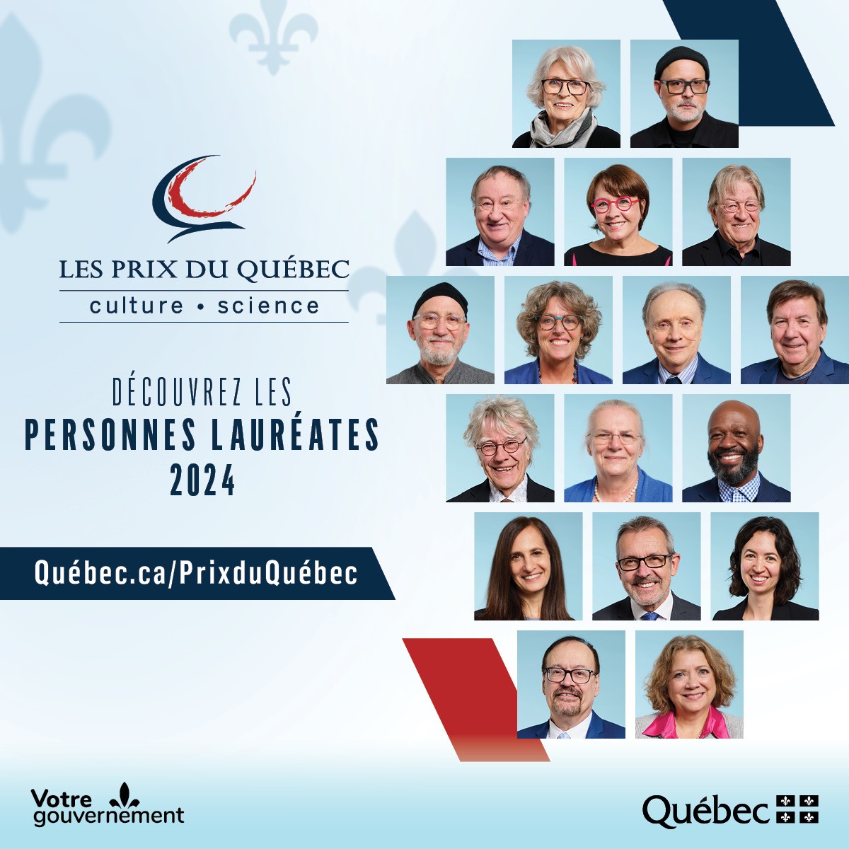 MCCQuebec's tweet photo. #communique
L’identité des 17 personnes lauréates des Prix du Québec 2024 est dévoilée ✨

Détails : https://t.co/UvOXgp4s89 | @economie_quebec | @gouvqc | #PrixduQuébec #CultureQc #ScienceQc #PersonnesExceptionnelles https://t.co/mSO22b5plA